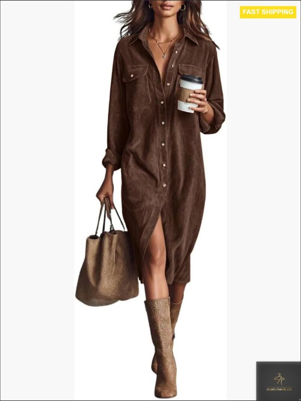 Corduroy Button Down Shirt Dress A-Line Pleated Midi Long Casual Elegant
